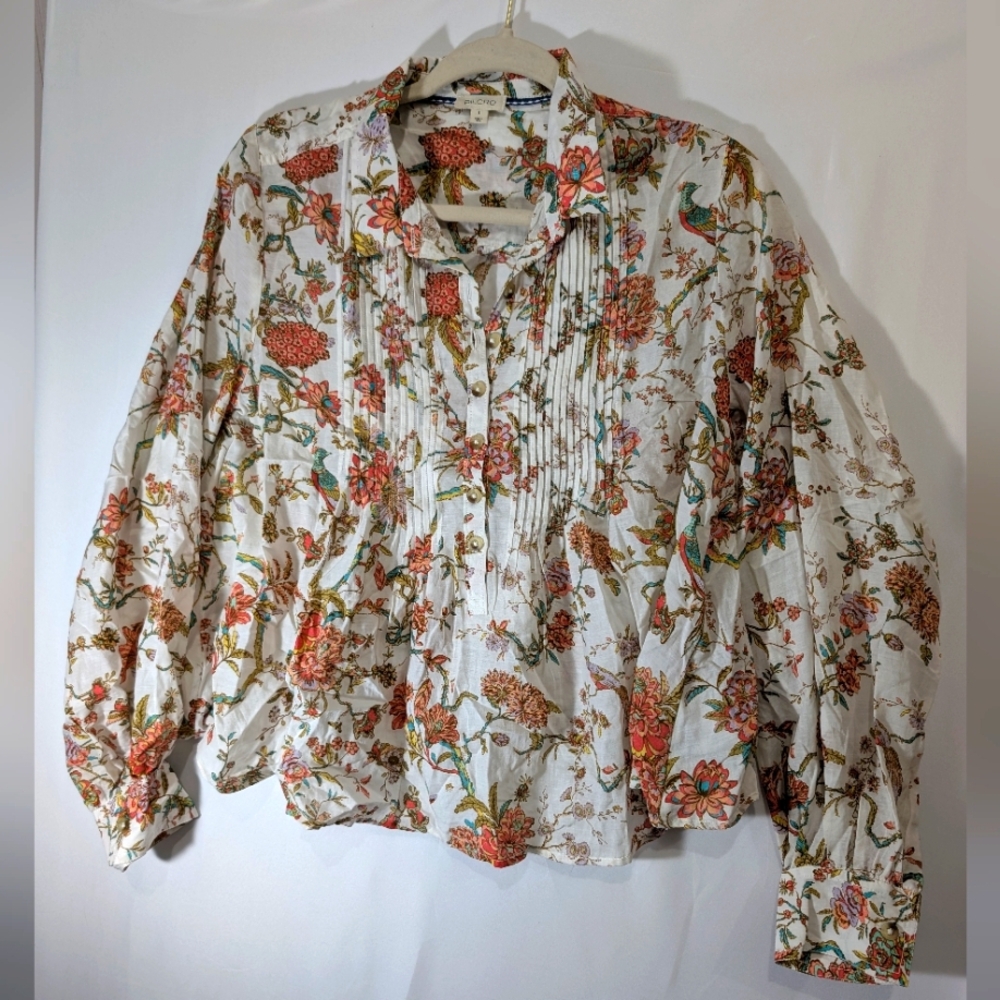 Anthropologie Pilcro Floral Bird Long Sleeve Size Small Cotton Blend - Picture 4 of 10